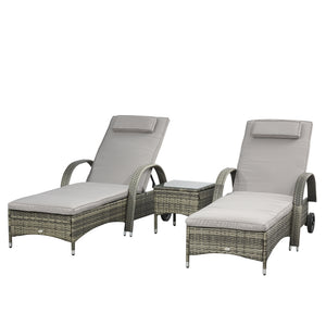 3 Pieces Wicker Patio Lounger Set with Table, PE Rattan Outdoor Lounge Chair Set with Cushions, Wheels, 5-Level Reclining Backrest, Headrest, Mixed Grey