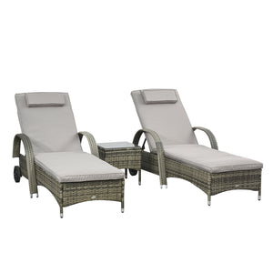 3 Pieces Wicker Patio Lounger Set with Table, PE Rattan Outdoor Lounge Chair Set with Cushions, Wheels, 5-Level Reclining Backrest, Headrest, Mixed Grey