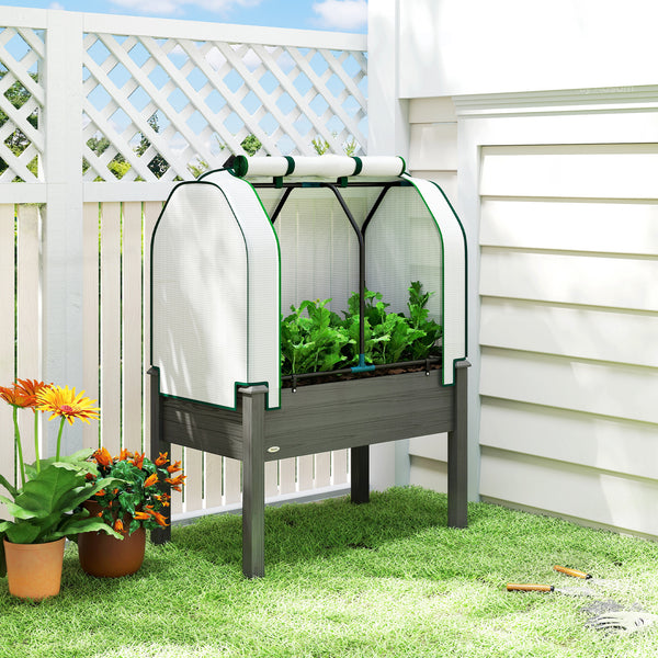 Raised Garden Bed with PE Greenhouse Cover Outdoor Elevated Wood Planter Box for Herbs and Vegetables, Use for Patio, Backyard, Balcony, 35 x 22 x 47 inch, Dark Gray