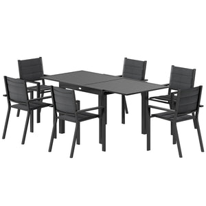 7 Piece Patio Dining Set for 6, Aluminum Expandable Outdoor Table and Stackable Chairs with Padded Back and Mesh Seats, Patio Furniture Dining Set for Garden, Black