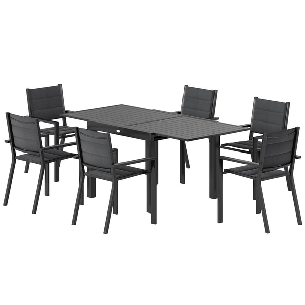 7 Piece Patio Dining Set for 6, Aluminum Expandable Outdoor Table and Stackable Chairs with Padded Back and Mesh Seats, Patio Furniture Dining Set for Garden, Black