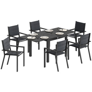 7 Piece Patio Dining Set for 6, Aluminum Expandable Outdoor Table and Stackable Chairs with Padded Back and Mesh Seats, Patio Furniture Dining Set for Garden, Black