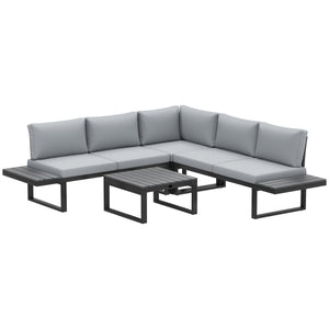 4 Pieces Patio Garden Set with 5-Level Recline Corner Sofa, Outdoor Garden Lounge Sectional Conversation Sofa Set with Cushions, Wood Grain Plastic Table, Black Frame Light Grey Cushion