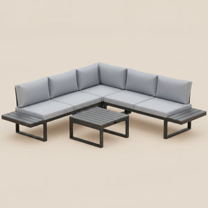 4 Pieces Patio Garden Set with 5-Level Recline Corner Sofa, Outdoor Garden Lounge Sectional Conversation Sofa Set with Cushions, Wood Grain Plastic Table, Black Frame Light Grey Cushion