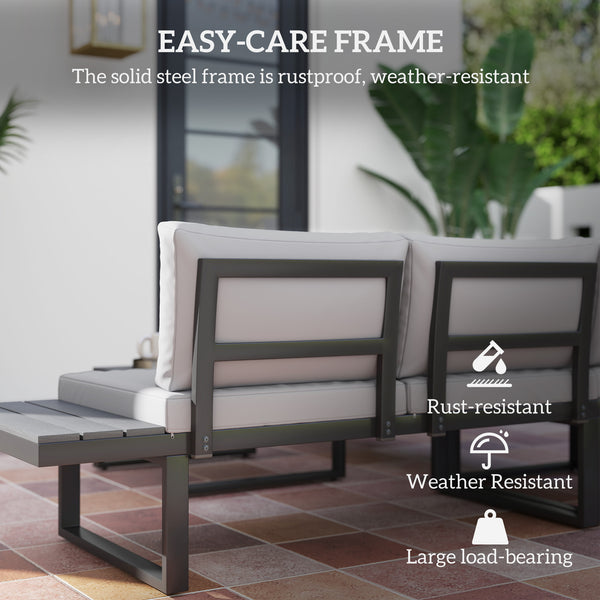 4 Pieces Patio Garden Set with 5-Level Recline Corner Sofa, Outdoor Garden Lounge Sectional Conversation Sofa Set with Cushions, Wood Grain Plastic Table, Black Frame Light Grey Cushion