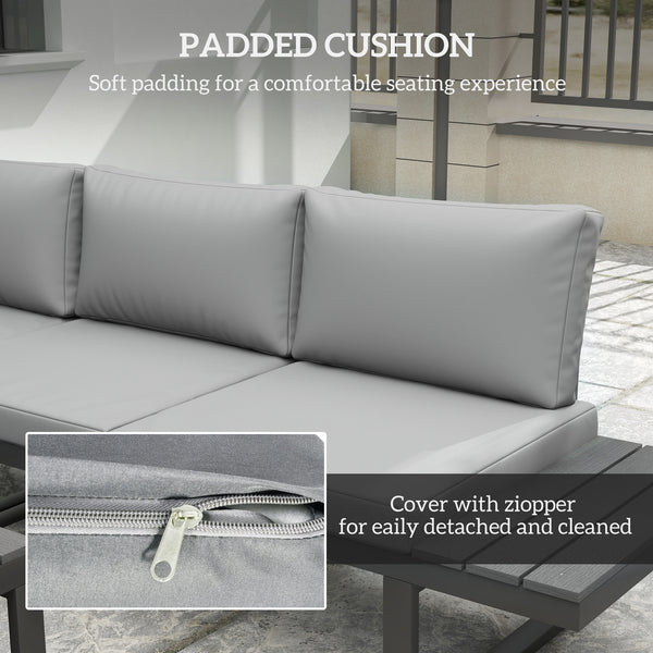 4 Pieces Patio Garden Set with 5-Level Recline Corner Sofa, Outdoor Garden Lounge Sectional Conversation Sofa Set with Cushions, Wood Grain Plastic Table, Black Frame Light Grey Cushion