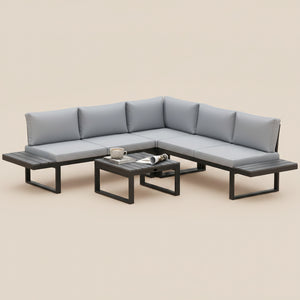 4 Pieces Patio Garden Set with 5-Level Recline Corner Sofa, Outdoor Garden Lounge Sectional Conversation Sofa Set with Cushions, Wood Grain Plastic Table, Black Frame Light Grey Cushion