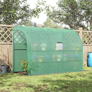 Walk-In Lean to Wall Greenhouse with Windows and Doors, Outdoor Green House with 3 Tiers 6 Wired Shelves, 300L x 150W x 213Hcm, Green