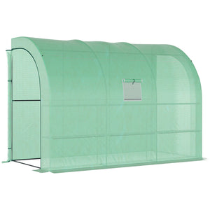 Walk-In Lean to Wall Greenhouse with Windows and Doors, Outdoor Green House with 3 Tiers 6 Wired Shelves, 300L x 150W x 213Hcm, Green
