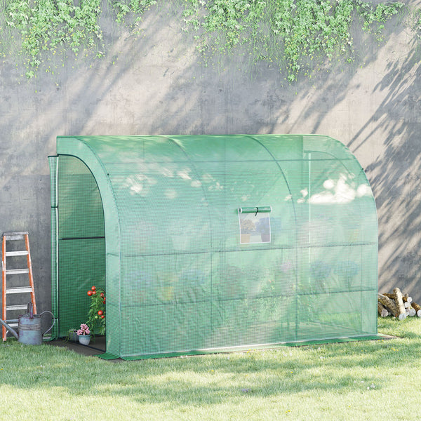 Walk-In Lean to Wall Greenhouse with Windows and Doors, Outdoor Green House with 3 Tiers 6 Wired Shelves, 300L x 150W x 213Hcm, Green