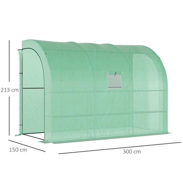 Walk-In Lean to Wall Greenhouse with Windows and Doors, Outdoor Green House with 3 Tiers 6 Wired Shelves, 300L x 150W x 213Hcm, Green