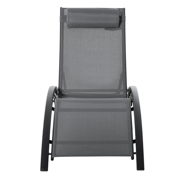 Patio Lounge Chair, Aluminum Reclining Outdoor Tanning Chair with 5-Level Adjustable Backrest, Head Pillow and Breathable Mesh Fabric, for Pool, Deck, Garden, Grey