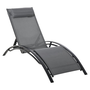 Patio Lounge Chair, Aluminum Reclining Outdoor Tanning Chair with 5-Level Adjustable Backrest, Head Pillow and Breathable Mesh Fabric, for Pool, Deck, Garden, Grey