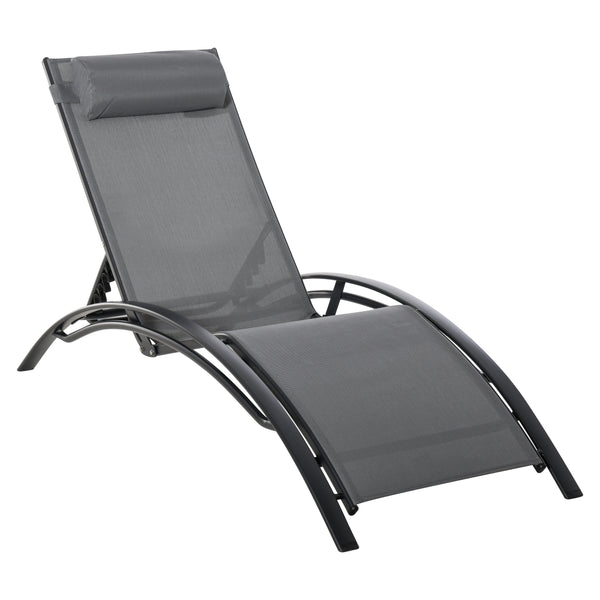 Patio Lounge Chair, Aluminum Reclining Outdoor Tanning Chair with 5-Level Adjustable Backrest, Head Pillow and Breathable Mesh Fabric, for Pool, Deck, Garden, Grey