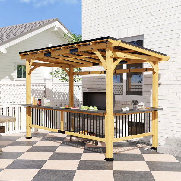 13' x 6' Wooden BBQ Grill Gazebo, Hardtop Grill Gazebo with Metal Roof, 2 Bar Shelves and 6 Hooks, Outdoor Shade for Patio, Garden, Backyard, Natural
