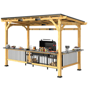 13' x 6' Wooden BBQ Grill Gazebo, Hardtop Grill Gazebo with Metal Roof, 2 Bar Shelves and 6 Hooks, Outdoor Shade for Patio, Garden, Backyard, Natural