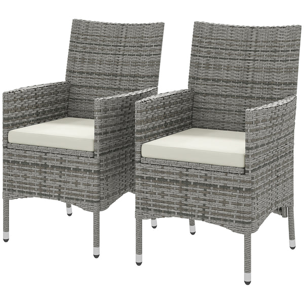2 Pieces Outdoor PE Rattan Dining Chairs Set with Cushion, Garden Armchair with Armrests, High Backrest, Metal Frame Patio Wicker Furniture, Mixed Grey