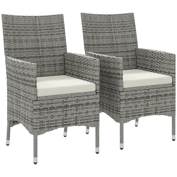 2 Pieces Outdoor PE Rattan Dining Chairs Set with Cushion, Garden Armchair with Armrests, High Backrest, Metal Frame Patio Wicker Furniture, Mixed Grey