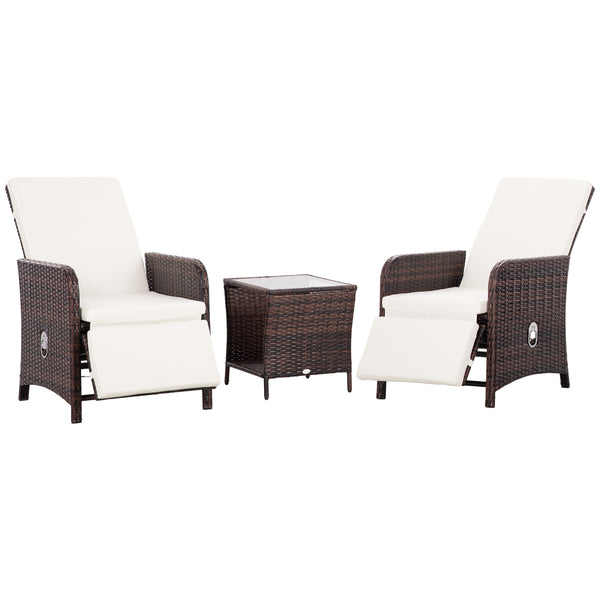 3 Pieces Garden Rattan Bistro Set with Adjustable Backrest, Balcony Conversation Furniture Set with 2 Armchairs Tempered Glass Coffee Table, Cushions, Storage Function - Mixed-Brown