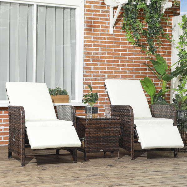 3 Pieces Garden Rattan Bistro Set with Adjustable Backrest, Balcony Conversation Furniture Set with 2 Armchairs Tempered Glass Coffee Table, Cushions, Storage Function - Mixed-Brown