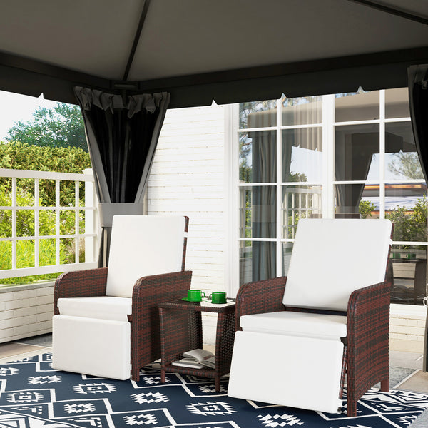 3 Pieces Garden Rattan Bistro Set with Adjustable Backrest, Balcony Conversation Furniture Set with 2 Armchairs Tempered Glass Coffee Table, Cushions, Storage Function - Mixed-Brown