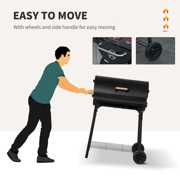 30" Portable Barrel Charcoal BBQ Grill with 370 Square Inches Cooking Space & Storage Shelf for Garden Camping Picnic, Black