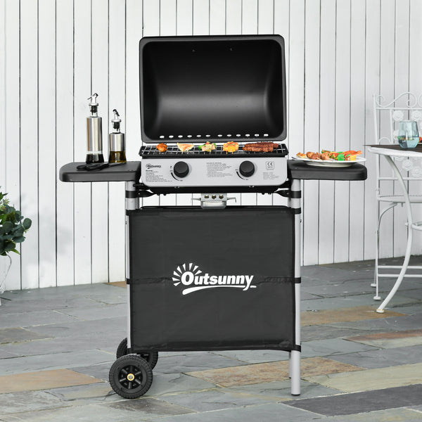2 Burner Gas BBQ Trolley with Lid, 5.6 kW Gas Barbecue Grill with Wheels, Side Shelves, Grey