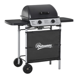 2 Burner Gas BBQ Trolley with Lid, 5.6 kW Gas Barbecue Grill with Wheels, Side Shelves, Grey