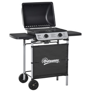 2 Burner Gas BBQ Trolley with Lid, 5.6 kW Gas Barbecue Grill with Wheels, Side Shelves, Grey