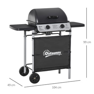 2 Burner Gas BBQ Trolley with Lid, 5.6 kW Gas Barbecue Grill with Wheels, Side Shelves, Grey