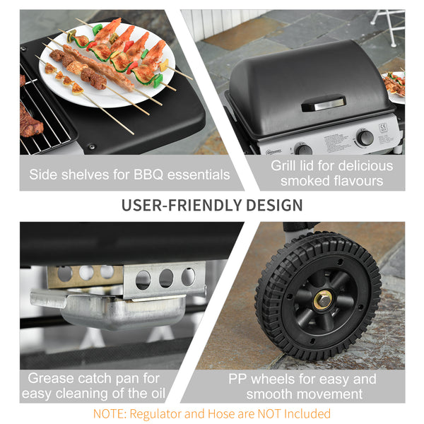 2 Burner Gas BBQ Trolley with Lid, 5.6 kW Gas Barbecue Grill with Wheels, Side Shelves, Grey