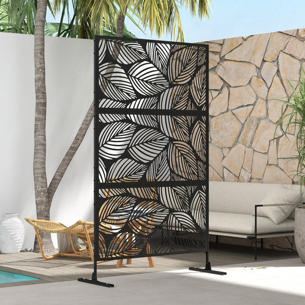 Decorative Garden Privacy Screen with Stand, 6.5FT Freestanding Metal Outdoor Divider, Decorative Privacy Panel with Expansion Screws for Garden Pool Hot Tub, Leaf Style, Black