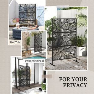 Metal Outdoor Privacy Screen, Decorative Outdoor Divider with Stand and Expansion Screws, Freestanding Privacy Panel for Garden, Backyard, Deck, Leaf Style, Black