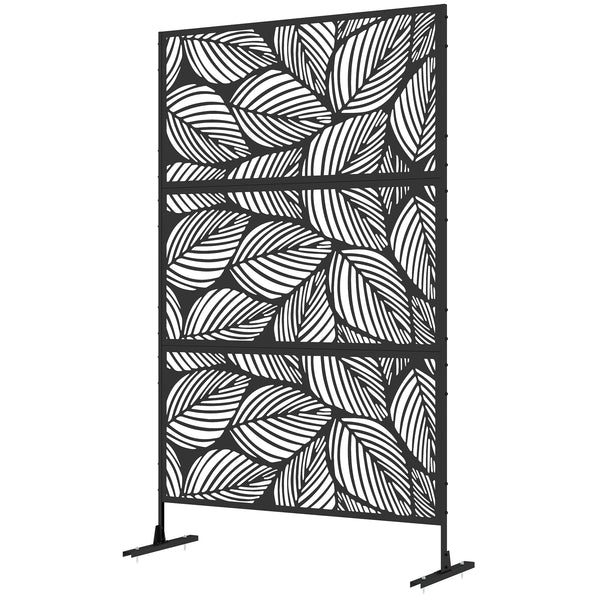 Decorative Garden Privacy Screen with Stand, 6.5FT Freestanding Metal Outdoor Divider, Decorative Privacy Panel with Expansion Screws for Garden Pool Hot Tub, Leaf Style, Black