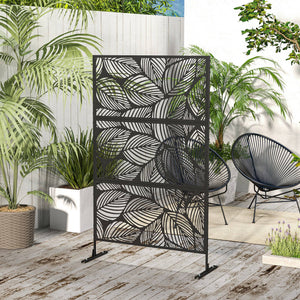Metal Outdoor Privacy Screen, Decorative Outdoor Divider with Stand and Expansion Screws, Freestanding Privacy Panel for Garden, Backyard, Deck, Leaf Style, Black