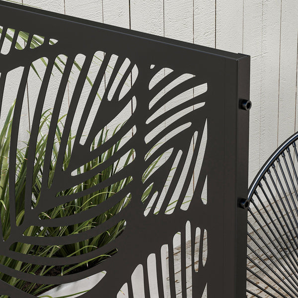 Metal Outdoor Privacy Screen, Decorative Outdoor Divider with Stand and Expansion Screws, Freestanding Privacy Panel for Garden, Backyard, Deck, Leaf Style, Black