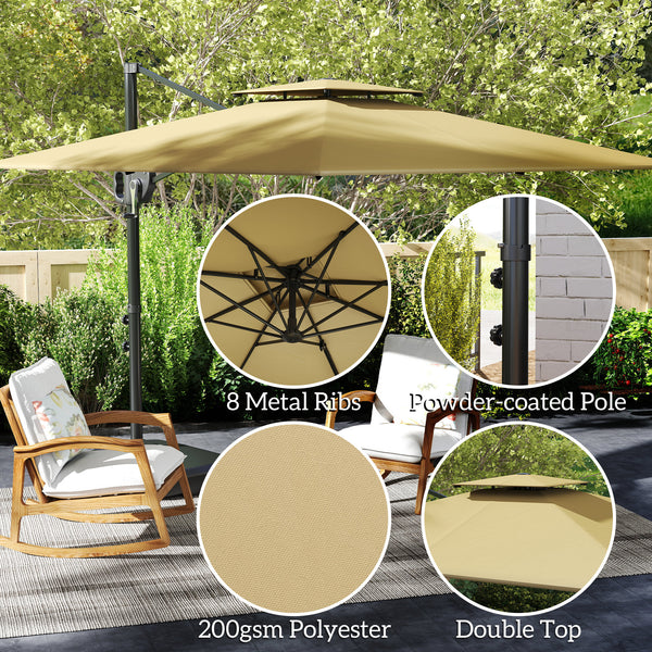 2.5m Garden Cantilever Parasol with Fillable Base, Up to 40kg, Double Top Garden Parasol, Square Overhanging Patio Umbrella with Crank Handle and Tilt for Outdoor Sun Shade, Khaki