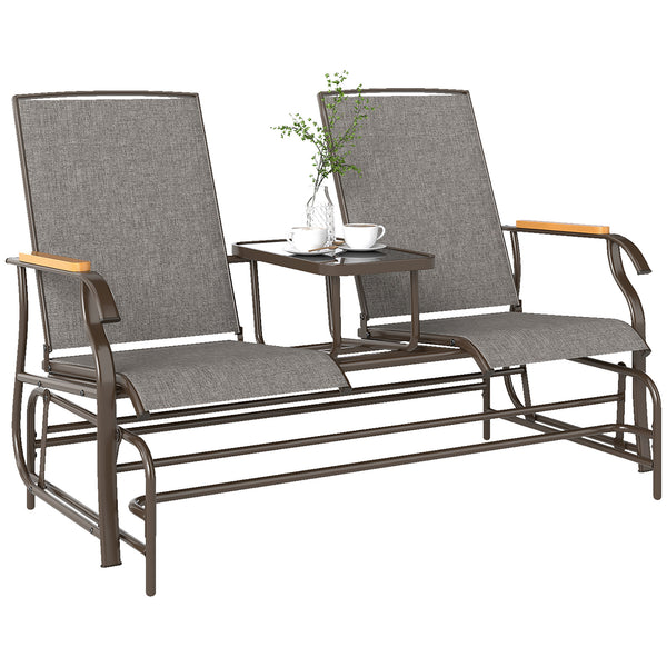 2 Person Outdoor Glider Bench, Patio Swing Glider Chair Loveseat with Breathable Mesh, Table, Steel Frame for Garden, Backyard, Porch, Light Mixed Brown