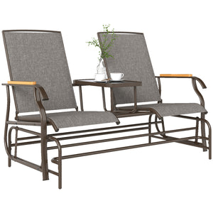 2 Person Outdoor Glider Bench, Patio Swing Glider Chair Loveseat with Breathable Mesh, Table, Steel Frame for Garden, Backyard, Porch, Light Mixed Brown