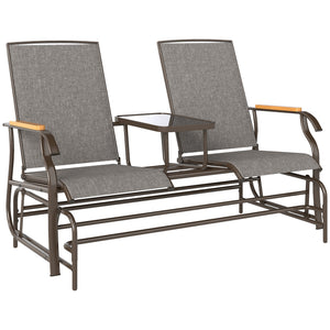 2 Person Outdoor Glider Bench, Patio Swing Glider Chair Loveseat with Breathable Mesh, Table, Steel Frame for Garden, Backyard, Porch, Light Mixed Brown