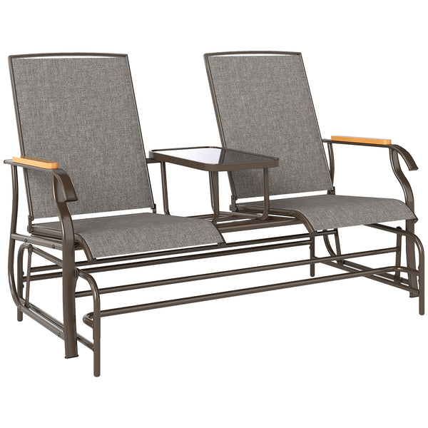 2 Person Outdoor Glider Bench, Patio Swing Glider Chair Loveseat with Breathable Mesh, Table, Steel Frame for Garden, Backyard, Porch, Light Mixed Brown