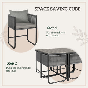 4 Seater Rattan Cube Garden Furniture Set, Rattan Dining Set with Cushions, Outdoor Dining Table and Chairs with Rectangular Wood Grain Plastic Top Table for Patio, Balcony, Grey