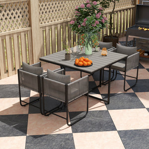 4 Seater Rattan Cube Garden Furniture Set, Rattan Dining Set with Cushions, Outdoor Dining Table and Chairs with Rectangular Wood Grain Plastic Top Table for Patio, Balcony, Grey