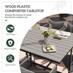 4 Seater Rattan Cube Garden Furniture Set, Rattan Dining Set with Cushions, Outdoor Dining Table and Chairs with Rectangular Wood Grain Plastic Top Table for Patio, Balcony, Grey
