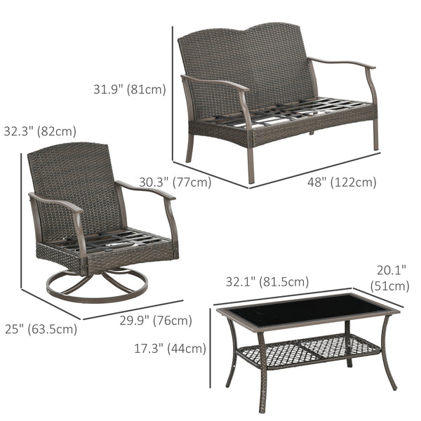 4 Piece PE Rattan Patio Furniture Set, Outdoor Wicker Sofa Set Conversation Furniture w/ Two-Tier Table, Loveseat, 2 Swivel Rocking Chairs and Cushions, Navy Blue