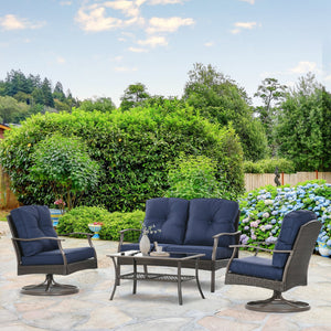 4 Piece PE Rattan Patio Furniture Set, Outdoor Wicker Sofa Set Conversation Furniture w/ Two-Tier Table, Loveseat, 2 Swivel Rocking Chairs and Cushions, Navy Blue