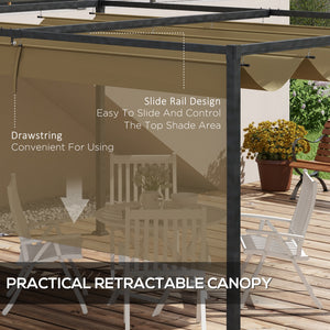 4 x 3(m) Metal Outdoor Pergola with Retractable Roof, Outdoor Gazebo Canopy Shelter with Drainage Holes for Garden, Patio, Lawn, Khaki
