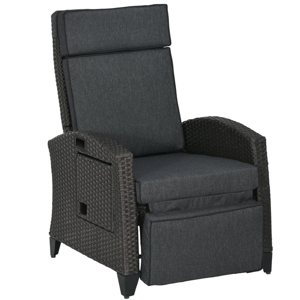 Garden Recliner with Cushion, PE Wicker Outdoor Recliner Chair with Adjustable Backrest & Footrest, Rattan Recliner Chair with Armrests and Side Tray for Balcony, Porch, Dark Grey/Brown