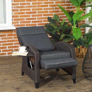 Garden Recliner with Cushion, PE Wicker Outdoor Recliner Chair with Adjustable Backrest & Footrest, Rattan Recliner Chair with Armrests and Side Tray for Balcony, Porch, Dark Grey/Brown