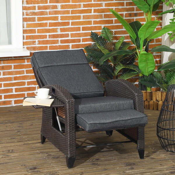 Garden Recliner with Cushion, PE Wicker Outdoor Recliner Chair with Adjustable Backrest & Footrest, Rattan Recliner Chair with Armrests and Side Tray for Balcony, Porch, Dark Grey/Brown